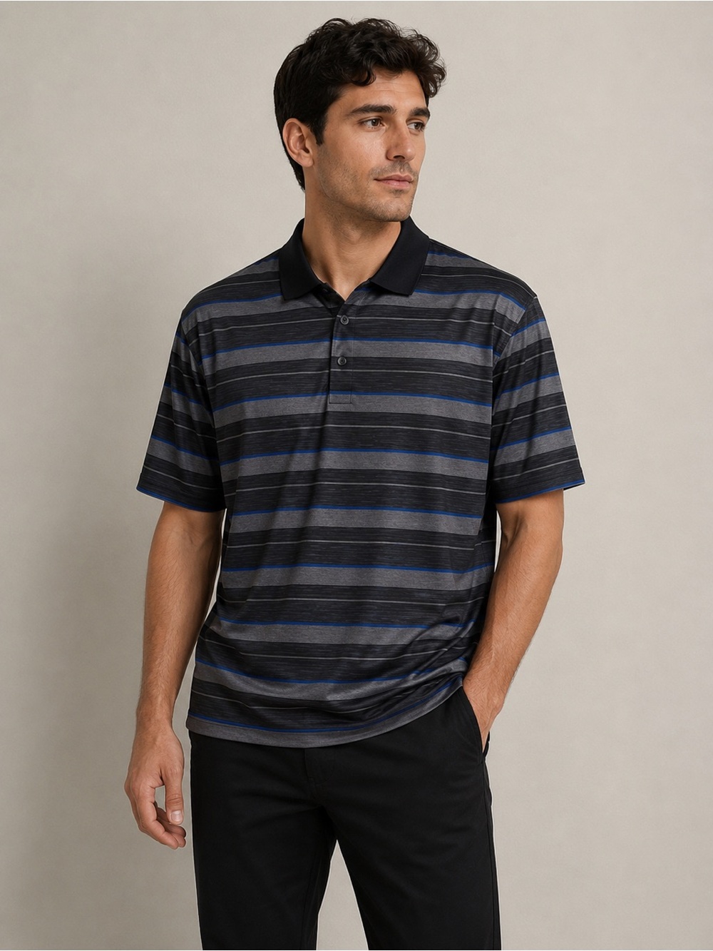 Grand slam polo golf shirt XL black gray blue horizontal stripe pattern pullover